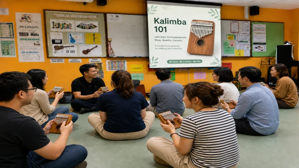 Music and workplace wellness workshop with employees playing Kalimba for stress relief and team connection